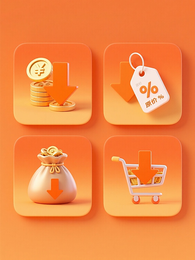 纯色背景，4个等大方形区域规整排布的系列促销素材集合，保持3D立体渐变风格，明亮的暖橙色主色调，光滑材质与高光阴影细节，每个区域均包含向下的橙色箭头作为降价核心视觉元素。第一个区域：两个堆叠的金色日元符号硬币；第二个区域：一个价格标签被箭头贯穿，标签上显示原价与折后价；第三个区域：装满金币的钱袋被箭头指向下方；第四个区域：购物车图标与向下箭头组合，购物车内可见商品轮廓。整体保持简洁明了的促销信息传达，统一的光影处理和圆润立体的造型语言，无文字、二维码及多余装饰元素。