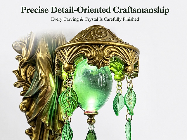 [第4屏] 工艺细节，展示Exquisite Craftsmanship与水晶挂饰细节。本屏使用【图4】作为主体，聚焦灯罩与挂饰区域。
[氛围/风格] 微距特写，精致写实，突出金属雕花与水晶通透质感。
[元素布局] 雕花灯罩和绿叶水晶挂饰放大特写，占据画面约 seventy-five percent 区域，清晰展示雕刻纹理、水晶切割面和叶子造型细节；产品雕花形状、挂饰排列与原图保持完全一致。
[光影质感] 漫射柔光，突出金属雕花凹凸纹理，水晶挂饰体现通透折射光影效果。
[配色色系] 全局底色 #F5F5F5，主色古铜金+翠绿水晶，辅助色浅灰色衬底。
[视角构图] 近距离微距视角，聚焦工艺细节，突出精致感。
[文字版式] 顶部主标题 "Precise Detail-Oriented Craftsmanship"，下方小字 "Every Carving & Crystal Is Carefully Finished"，文字居顶不遮挡特写主体。
[比例分辨率] 4:3 横版比例，4K 分辨率，文字清晰可辨，高清画质。
[负向提示词] 细节模糊，雕刻失真，水晶浑浊，产品变形，文字遮挡主体