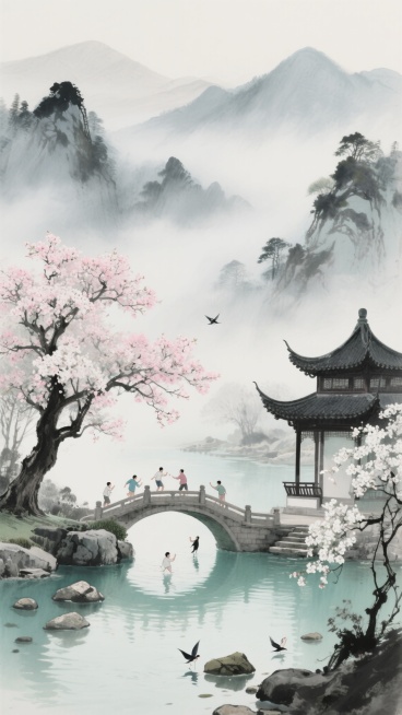 画面展现了一幅中式山水意境图。水墨风格的远山云雾迷蒙，近景处有盛开着粉花朵的大树，树下是亭台楼阁，水面上有石桥，桥上有人嬉戏打闹，水中散布着石头，还有鸟儿。整体营造出宁静悠远、充满诗意的东方美学氛围。预览效果