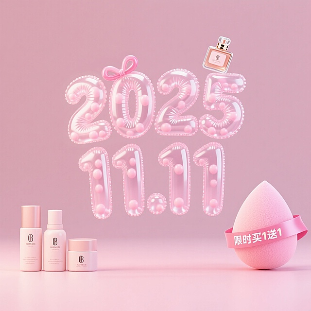 粉色充气 “2025.11.11” 数字，搭配美妆产品，凸显双 11 美妆限时买赠