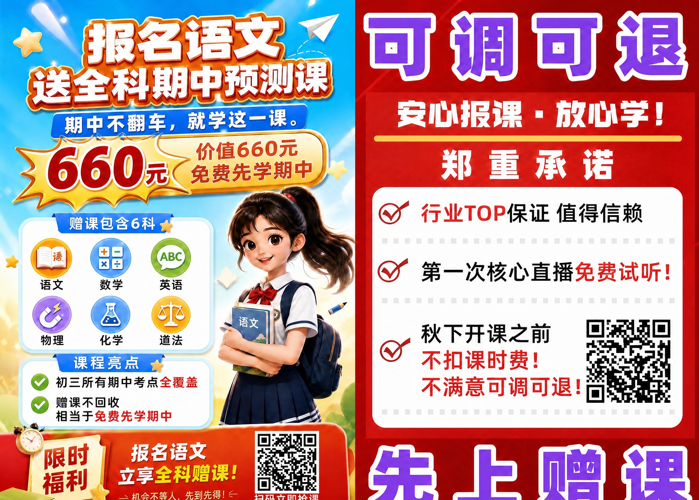 将图2（课程招生海报）中所有二维码占位区域，精确替换为图1中的… - 图片创意预览