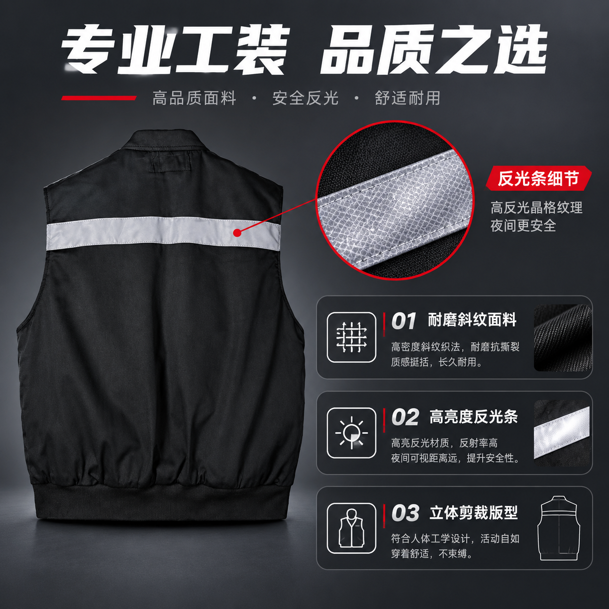 [主图-2] 顺丰马甲功能参数展示图，重点展示面料材质、反光条… - 图片创意预览
