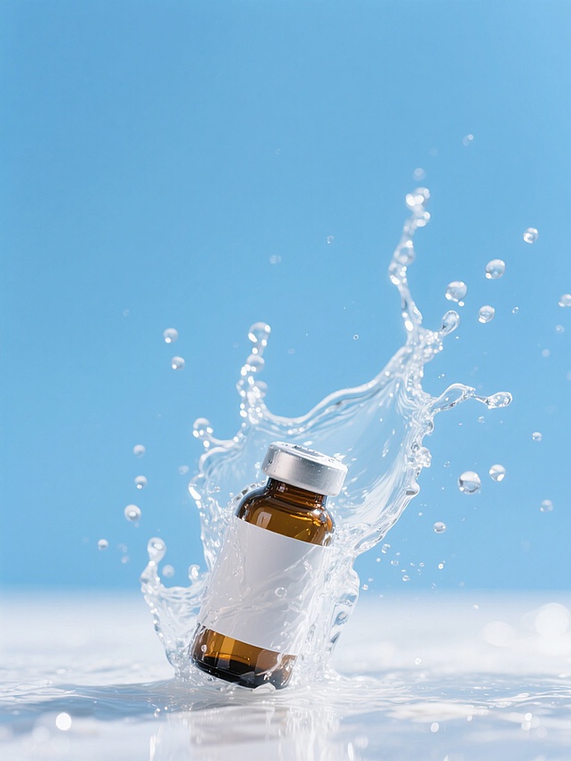 药瓶被包裹在一股泼溅的水中（从地面泼溅而起，激起水花，水花晶莹剔透，折射着光线），背景是蓝天