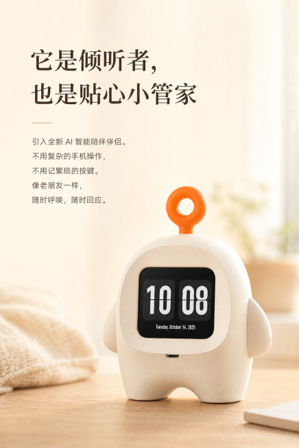 竖屏2:3，日系治愈温暖现代家居风，参考图中的AI语音陪伴精灵做产品特写，保持产品圆润外观、侧翼、及顶部橙色圆环按键形态一致，突出它圆润无棱角、像小胖子的可爱安全造型，让顶部的橙色圆环和侧面的小翅膀分预览效果