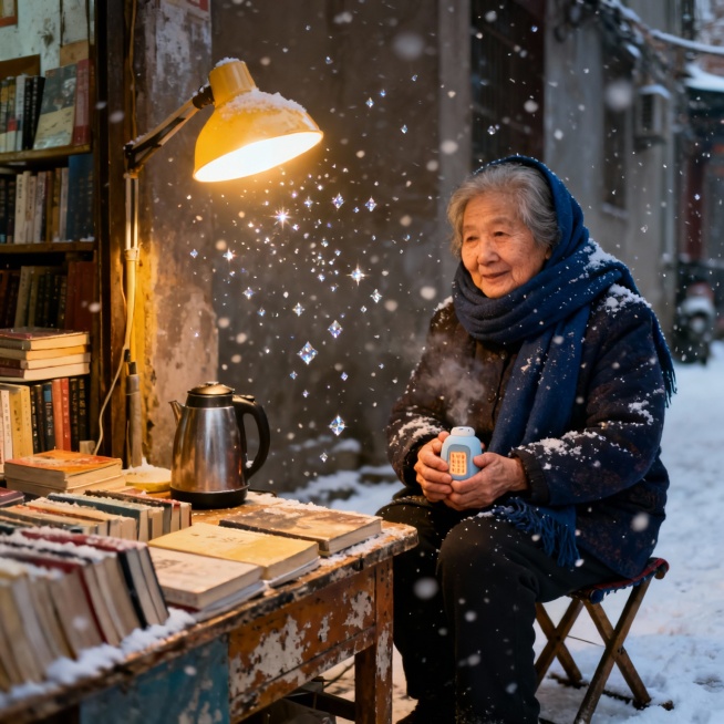 标题页
标题：雪落时的暖光
副标题：冬日里的一次意外相遇
配图提示：飘着细雪的老巷，昏黄路灯晕开暖光
第 1 页：巷口的困境
晚课后的老巷浸在雪雾里，我攥着冻僵的手机 —— 电量彻底清零，自行车还爆预览效果