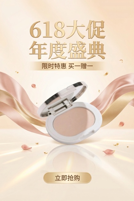 基于这张粉饼商品图，生成一张618大促的电商海报，画面突出粉饼产品，添加618大促促销氛围，整体风格简约高级，适合美妆电商使用预览效果