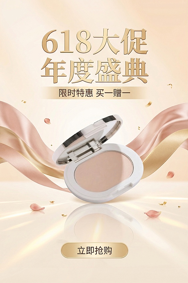 基于这张粉饼商品图，生成一张618大促的电商海报，画面突出粉饼产品，添加618大促促销氛围，整体风格简约高级，适合美妆电商使用