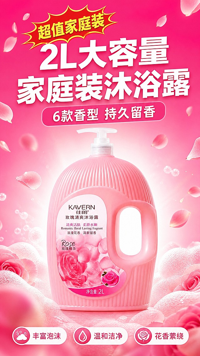 [商品] 使用【图1】佳朗玫瑰清爽沐浴露，2L粉色椭圆大瓶装，白色按压泵头，带侧把手；保留瓶身结构、颜色、KAVERN佳朗Logo、标签文字、玫瑰图案、竖纹纹理、泵头方向和瓶型比例不变；商业精修质感，表面光洁。
[画面] 拼多多风格详情页头图，产品居中偏下放大展示，占画面约50%，产品周围飘散玫瑰花瓣和粉色泡沫元素；上方大标题区，背景为玫红到粉红渐变，顶部有促销爆炸贴装饰；阅读动线从上到下，前景花瓣、中景产品、后景渐变光晕。
[视觉] 套系策略：风格=拼多多爆款风格，大字报式排版，高饱和度，强促销氛围，突出性价比；标题字=超粗黑体，大号醒目；正文字=简洁无衬线体；主色=玫红到粉红渐变；背景延展=基于玫红粉色系做深浅渐变、光晕和花瓣元素；强调色=金黄色和红色，仅用于促销标签、爆炸贴和价格标签；标题色=白色；正文色=深灰黑色；组件=爆炸贴、圆角促销卡、价格标签；光影=明亮商业棚拍光，高光感，产品清晰。
[文字] 顶部居中主标题「2L大容量 家庭装沐浴露」，副标题「6款香型 持久留香」，左上角促销标签「超值家庭装」，底部3个短卖点：「丰富泡沫」「温和洁净」「花香萦绕」；文字全部横排，不遮挡产品主体和Logo。
[规格] 图片比例9:16竖版，2K分辨率，避免变形、错字、文字过小、虚假宣传、极限词、低俗擦边、冷蓝背景、产品颜色改变、瓶型失真。