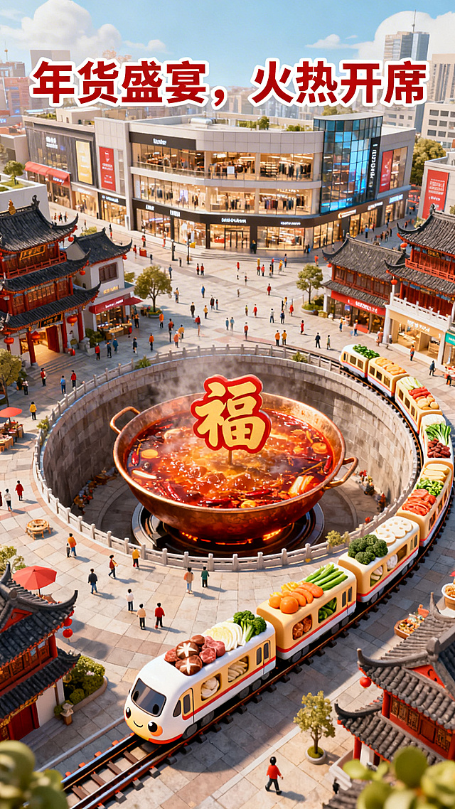 3D微缩艺术风融合国潮元素，拟人化食材列车环绕巨型火锅，喜庆卡通场景营造趣味十足的年货盛宴氛围。