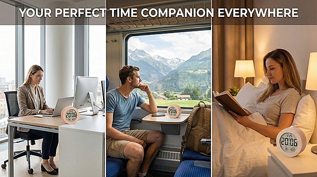 拼接风格画面，同时展示办公室、旅行、卧室三个场景，每个场景里都有图中的木质数字闹钟和对应的欧美模特，画面配有英文文案"Your Perfect Time Companion Everywhere"，整体风格协调统一，比例16:9