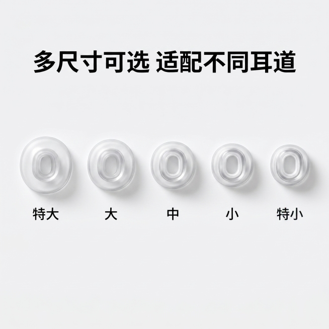 [主图 3] AirPodsPro3液态硅胶耳帽多规格尺寸展示。[氛围风格] 整齐规整排列，清晰直观展示。[画质] 商业摄影质感，光线均匀通透，产品清晰真实，画面干净高级。[元素] 五款不同尺寸的耳帽预览效果