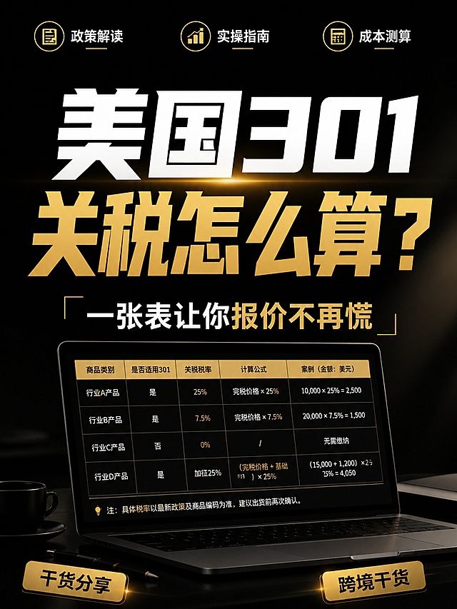 小红书笔记大字封面，配图大字，杂志海报风格，版式精美，小红书笔记封面质感，适合信息流点击。版式骨架、分区比例、色调体系与参考图一致（相似度约 70%），文案与配图换为用户本次内容。主标题必须完整呈现且为画面视觉中心，逐字锁定：「美国301关税怎么算？」。主标题字号占画面约 50% 视觉权重，清晰可读，不得增删改字。副标题：「一张表让你报价不再慌」。装饰短句/角标：「干货分享」「跨境干货」。背景：纯黑色背景，金色光泽点缀，和参考图保持黑金高级商务配色。标题排版：采用扁平粗黑体，分层配色，主标题第一层白色粗体，第二层金色粗体叠加，和参考图标题风格保持一致，非 3D 立体/金属渲染主标题。装饰：顶部3个金色圆角图标配白色小字装饰，底部两个金色圆角矩形角标，位置与数量克制、不抢主标题。整体氛围：高端商务干货分享，黑金高级感。画质：高清细腻，信息层级清晰，主标题与背景强对比，文字完整处于安全区内不可裁切，四周留安全边距。图生图：严格使用用户上传图片，【图1】= 版式风格参考图，顺序与上传一致。画面比例 3:4，4K。