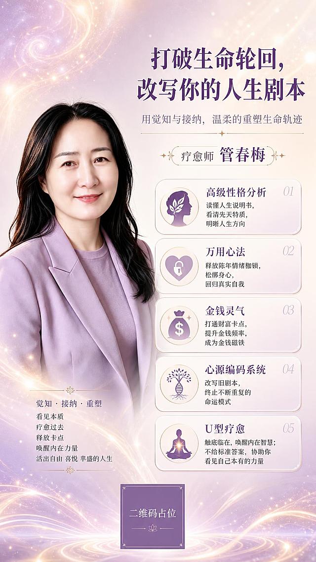 高端疗愈师个人形象推广海报，竖版9:16，整体风格高端大气、空灵疗愈、极简留白。画面左侧为疗愈师管春梅的半身肖像照（使用提供的人物照片，香芋紫色西装，黑色长发，温柔微笑，气质优雅知性），人物占据画面左侧约40%区域，右侧及上下留白用于排版文字。

背景为高维空灵风格：渐变的香芋紫与暖米白色交融，带有柔和的光晕、飘渺的光粒子、淡淡的星云纹理和流动的光线，营造心灵觉醒、生命能量流动的高维空间感，整体通透梦幻，不抢人物主体。

配色方案：以人物照片的香芋紫为主色调，搭配暖米白、淡金色点缀，整体温柔高级、和谐统一。

文字排版（全部文字清晰可读，主标题字号最大且统一）：
- 画面右上方主标题（大字号，加粗，深紫色或白色）："打破生命轮回，改写你的人生剧本"
- 主标题下方副标题（中字号，浅紫色或灰色）："用觉知与接纳，温柔的重塑生命轨迹"
- 副标题下方人物介绍（带装饰线或标签）："疗愈师 管春梅"
- 画面右侧及下方为五大服务项目卡片式排列，每个项目有小标题+简短说明，排版精美有序：
  1. "高级性格分析" —— 读懂人生说明书，看清先天特质，明晰人生方向
  2. "万用心法" —— 释放陈年情绪枷锁，松绑身心，回归真实自我
  3. "金钱灵气" —— 打通财富卡点，提升金钱频率，成为金钱磁铁
  4. "心源编码系统" —— 改写旧剧本，终止不断重复的命运模式
  5. "U型疗愈" —— 触底临在，唤醒内在智慧；不给标准答案，协助你看见自己本有的力量
- 画面底部中央有一个纯色方块二维码占位符，方块中央标注"二维码占位"文字

整体版式精美，层级分明，留白充足，高端大气，疗愈感强，人物面部清晰完整，所有文字信息完整呈现。画面中所有信息区域、服务项目卡片必须填充完整合理的内容，不得出现空白框或待填写区域。