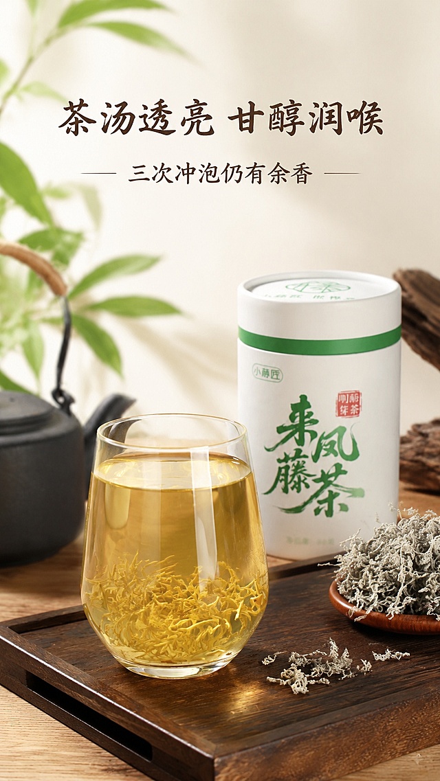 [第4屏] 详情页冲泡展示屏-小藤匠来凤藤茶冲泡效果展示。本屏使用【图1】作为主体参考。
[氛围/风格] 通透清爽风格，茶汤透亮质感，温馨茶艺氛围，商业摄影质感。
[元素布局] 玻璃杯冲泡好的藤茶放置在画面偏下位置，占比约60%，茶汤色泽明亮，茶叶舒展自然，背景搭配木质茶盘和产品罐身，层次清晰，产品玻璃杯子颜色茶汤和【图1】保持一致。
[光影质感] 正面柔光照明，茶汤通透感突出，杯身高光清晰，茶盘投影柔和自然。
[配色色系] 全局底色 #F8F4EB；主色茶汤浅金、玻璃透明；辅助色深木色茶盘、白色罐身。
[视角构图] 正面平视视角，玻璃杯为主体，产品罐身斜后方衬托，阅读动线从上标题下产品。
[文字版式] 顶部主标题「茶汤透亮 甘醇润喉」，副标题「三次冲泡仍有余香」，字体沿用温润书法风格深棕色，排版不遮挡茶汤主体。
[比例分辨率] 9:16 竖版比例，4K分辨率，文字清晰可辨，高清画质。
[负向提示词] 茶汤浑浊，茶叶变形，杯子破碎，颜色偏差，文字错乱，水印