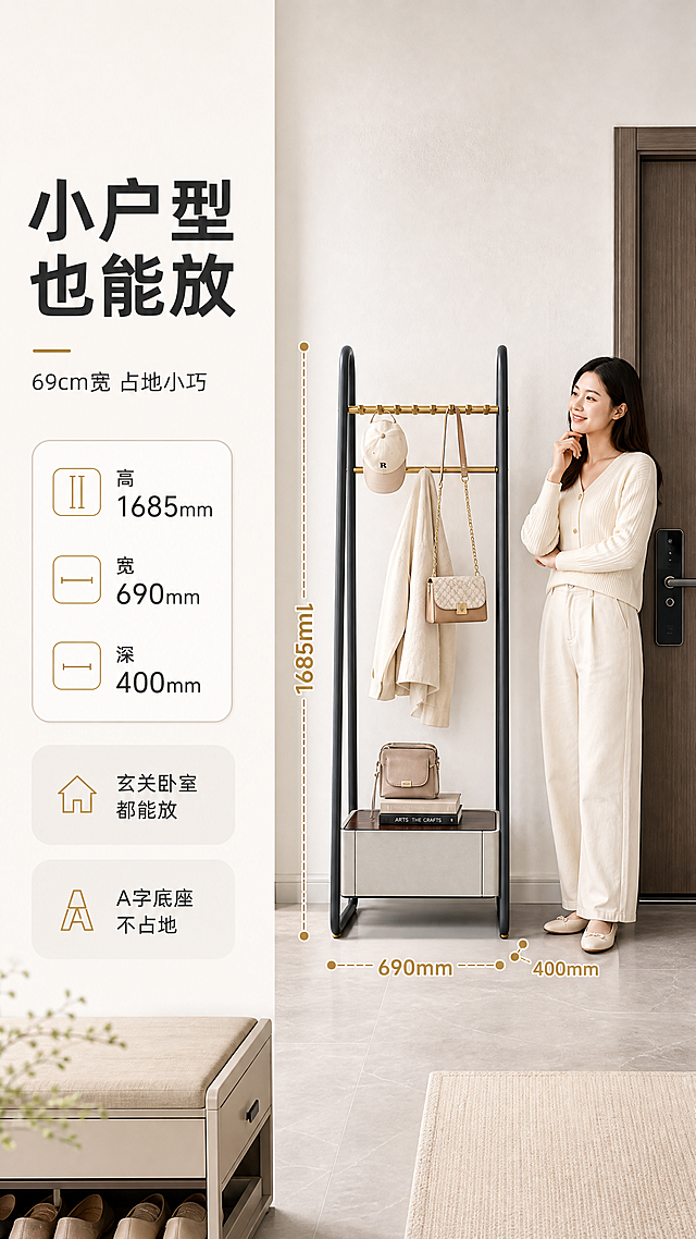 [商品] 使用【图1】DF-8816衣帽架；保留整体结构、比例和颜色；产品旁站着一位亚洲女性（身高约165cm参照），用于展示产品高度比例；不改变产品本体结构。
[画面] 目标：空间尺度与小户型适配。左文右景版式，左侧约2/5文案+尺寸标注区，右侧3/5玄关场景+产品+人物；产品占画面约50%，正面摆放；场景为小户型玄关，背景有入户门、换鞋凳、墙面；虚线标注产品总高1685mm、宽690mm、深400mm；人物站在产品旁作参照。
[视觉] 套系策略：风格=轻奢意式亮调商业家居摄影；标题字=现代无衬线粗体；正文字=简洁无衬线体；主色=暖白+浅灰；背景延展=基于暖白做深浅层级、同色渐变和细腻哑光墙面/地砖质感；强调色=香槟金，仅用于小面积图标、引线、尺寸标注线；标题色=深炭灰；正文色=中暖灰；组件=圆角浅底信息卡、细线引线、金色尺寸线；光影=左前侧暖柔自然光，明亮通透，阴影柔和。
[文字] 左侧主标题"小户型也能放"，副标题"69cm宽 占地小巧"，下方尺寸标注："高1685mm"、"宽690mm"、"深400mm"，配2个利益点："玄关卧室都能放"、"A字底座不占地"；文字和尺寸线横平竖直，手机端清晰可读。
[规格] 图片比例9:16竖版，4K，避免变形、错字、文字过小、冷蓝/蓝灰背景、产品结构改变、极限词、人物变形。