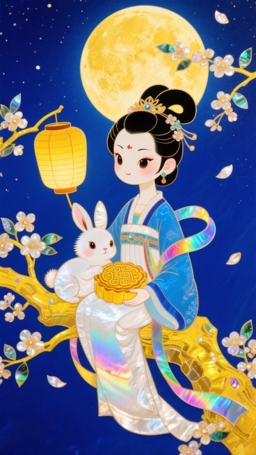 Q版古风嫦娥（蓝白汉服、持暖黄灯笼）与抱金黄月饼的可爱玉兔同坐黄色桂花树枝，背景为明亮圆月与深蓝色星空并点缀飘落桂花花瓣，色调以暖黄与深蓝为主预览效果