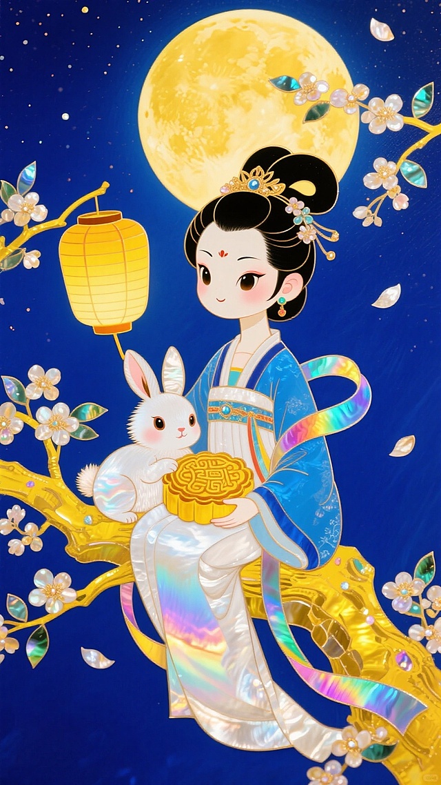 梦幻感与国潮风交织，嫦娥怀抱玉兔手持月饼，身着华美汉服，坐于金枝之上，背景明月高悬，花枝摇曳，水彩与鎏金技法融合，尽显中秋佳节的唯美感与可爱感。