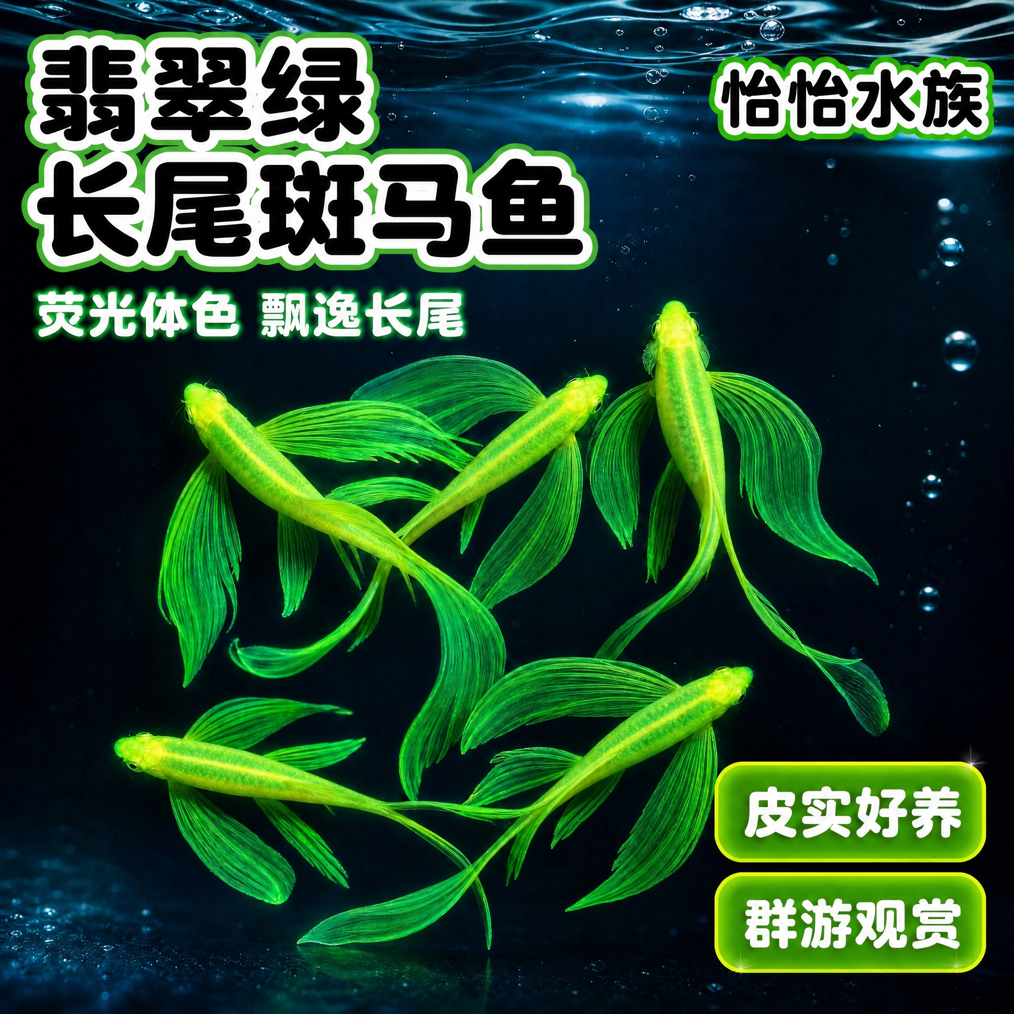 在这张图片的右上角添加店铺名称文字"怡怡水族"，文字使用白色粗… - 图片创意预览