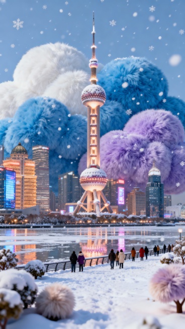 雪后晴空下的东方明珠亮着灯，塔身覆薄雪。黄浦江面结着薄冰，倒映塔影与两岸建筑群暖光，江堤行人裹厚衣赏景，雪花零星飘落，陆家嘴霓虹与雪地相映，都市冬日氛围感拉满。预览效果
