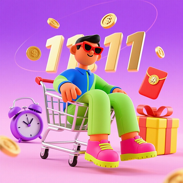 软3D风卡通人物坐购物车，搭配金币、红包与“11.11”字样，融合波普艺术与塑料质感，营造趣味可爱、潮流喜庆的双十一促销氛围。