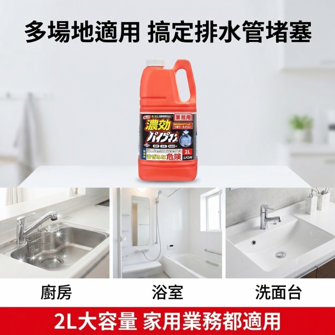LION獅王排水管清潔劑适用场景促销主图，氛围风格为舒适简约家居明亮风。画面元素：橙红色2L清洁剂产品居中放大展示，三宫格展示适用场景：厨房、浴室、洗面台，背景为干净简洁浅灰白色家居背景，全屏无边框，预览效果