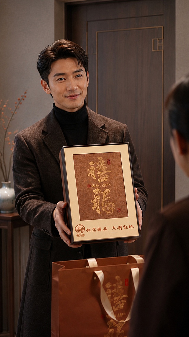 超写实新中式商务赠礼场景摄影。
主体：复古棕底烫金禧福礼盒严格参照上传图1，完整保留所有可见组件、轮廓、结构、比例、材质、颜色与产品本体上的文字信息，与上传图完全一致。咖色手提礼袋严格参照上传图4，完整保留所有可见组件、轮廓、结构、比例、材质、颜色与产品本体上的文字信息，与上传图完全一致。
构图：中景平视，焦点在礼盒上。
风格：低调雅致轻奢。
人物：中国男性送礼人，东亚面孔，黑发棕眼，日常自然妆感，站姿端正递赠礼盒。
场景：入户玄关，简约新中式入户门，礼盒质感沉稳轻奢，整体画面低调雅致，适合商务拜访、答谢长辈、人情往来高端赠礼场景。
空间：①前景，送礼人站姿端正，双手递出礼盒；②背景，简约新中式入户门，浅灰色实木；③墙面，纯色肌理漆，浅灰色；④侧边，陶瓷禅意摆件。
配色 / 材质：复古棕 / 烫金 / 浅灰 / 红棕；实木 / 陶瓷 / 皮革包装。
光影：柔和的暖调室内光线，主光在礼盒正面，凸显礼盒沉稳质感与烫金细节，画面高级简约。
严格锁定宽高比为 9:16。