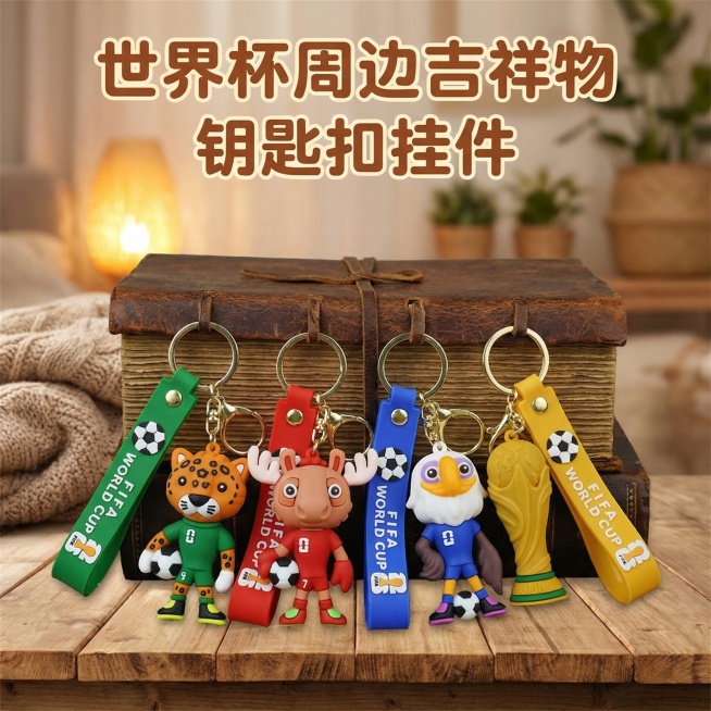 这是一款世界杯吉祥物钥匙扣，换背景，背景温馨一点，把这四个钥匙扣靠在一本书上，添加【世界杯周边吉祥物】【钥匙扣挂件】文字，其余的百分之百不变预览效果