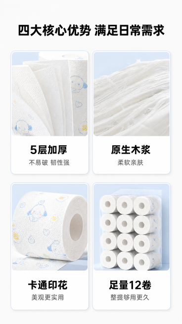 [第3屏] 核心卖点展示-自然卡通印花卷纸四大核心优势四宫格展示。本屏使用【图1】作为产品参考，保持产品材质和风格一致。
[氛围/风格] 简约信息风，清晰干净，卡片式设计，商业信息展示质感。
[元素布预览效果