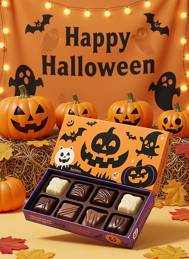 主体放置在温馨趣味的万圣节场景里，有多个造型各异的南瓜灯（包括不同表情的大南瓜和小南瓜），搭配干草堆、秋叶装饰，背景是带有 “Happy Halloween” 字样和蝙蝠、幽灵图案的橙色幕布，还点缀着串灯