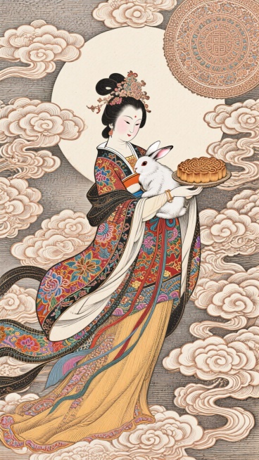 构图饱满，如皇家绣品。嫦娥衣裙用满绣技法，色彩鲜艳对比强烈，裙裾铺展如云。她怀抱玉兔，手托精致月饼，周围环绕由盘锦绣法构成的祥云纹样，寓意团圆美满，充满节日喜庆预览效果