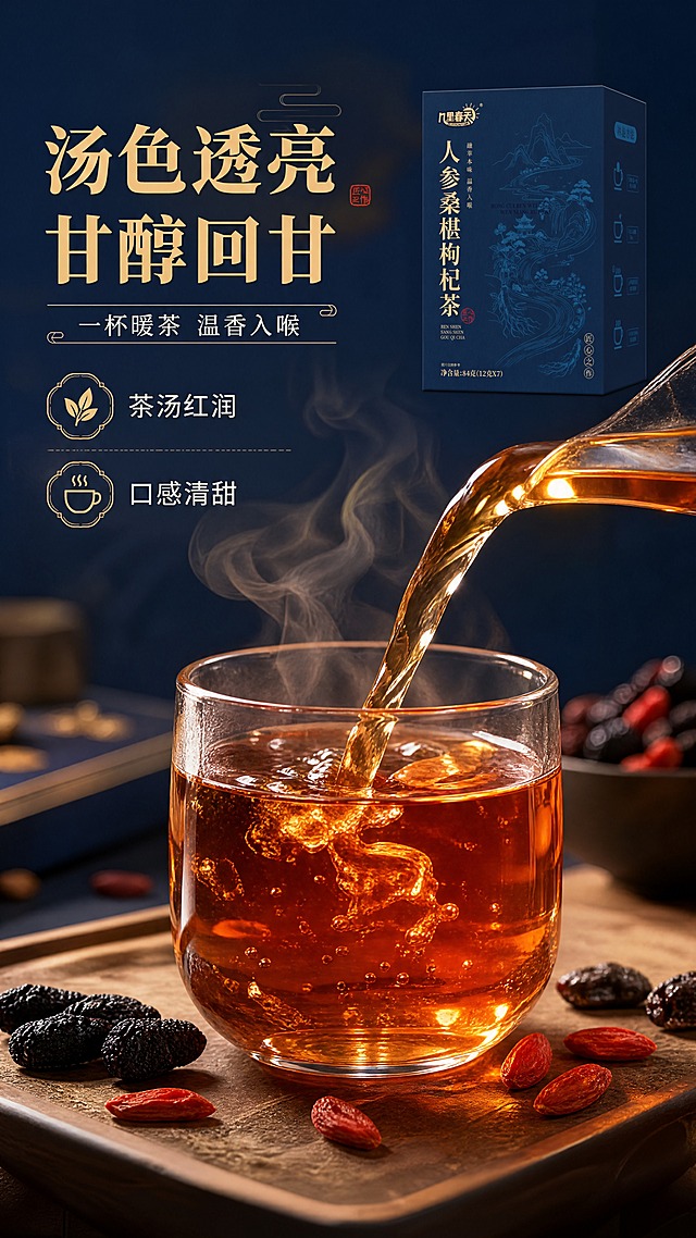 [商品] 使用【图1】几里春天人参桑椹枸杞茶深蓝色纸盒包装；保留包装盒外观特征；放置于画面右上角作为辅助，占画面约20%。
[画面] 目标：茶汤质地特写与冲泡动作，展示口感与饮用仪式感。构图：中下部位为主视觉，一只透明玻璃杯中正注入琥珀色茶汤，茶水倾泻而下形成优美弧线，杯中茶汤通透红润、热气袅袅升腾；杯旁散落几颗枸杞和桑椹干；背景为藏青色渐变虚化，营造温暖氛围；≥3层景深（前景茶汤飞溅、中景玻璃杯、后景虚化产品与背景）。
[视觉] 套系策略：风格=东方新中式国潮商业摄影，高级质感；标题字=宋体衬线粗体，端庄大气；正文字=简洁无衬线体，清晰易读；主色=藏青深蓝；背景延展=基于藏青做深浅渐变、暖光光晕、朦胧氛围感；强调色=烫金古铜色，仅用于小面积图标、引线、标签和重点文字高亮；标题色=烫金色；正文色=米白色；组件=细线描边标签、中式装饰元素；光影=侧逆光勾勒茶汤通透感，暖调柔光营造温润氛围。
[文字] 左上主标题"汤色透亮 甘醇回甘"，副标题"一杯暖茶 温香入喉"；配2个短卖点：「茶汤红润」「口感清甜」；文字全部横排，不遮挡茶汤主视觉；字号适配移动端清晰可读。
[规格] 图片比例9:16竖版，4K，负向提示：避免变形、错字、文字过小、医疗功效宣传、极限词、出现具体地名、出现内包、茶汤颜色不真实、包装文字错乱。