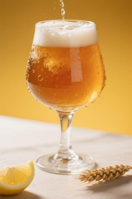 精酿啤酒主图，比利时小麦啤酒，500ml透明玻璃杯，满杯啤酒带细腻泡沫溢出杯口，杯壁有冰镇水珠，琥珀色酒液，背景为暖黄色，右下角放置小麦穗装饰，左下角有切开的柠檬片，整体风格为写实摄影，高清晰度，光线预览效果