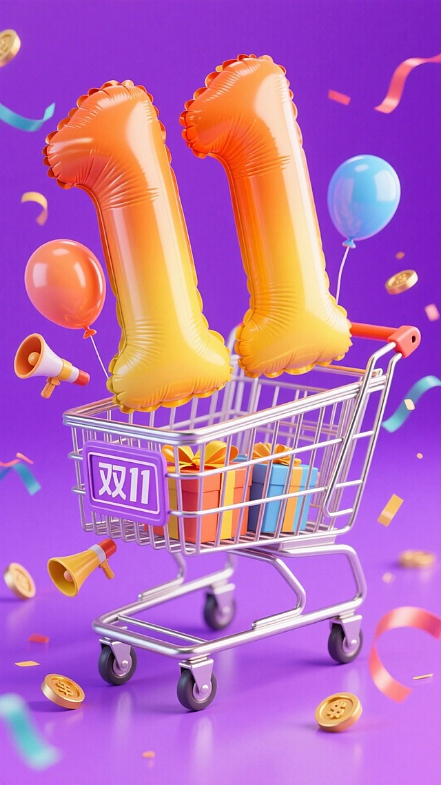 银色购物车里放着橙黄渐变的“11”数字气球（充气膨胀、挤压褶皱）、礼盒、喇叭、气球，车身带“双11”标签，点缀彩带、金币，荧光紫背景
