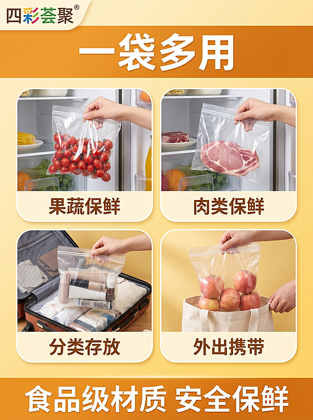 [单张主图] 保鲜袋，爆款促销感主图，突出产品多功能实用性。
[参考比对] 用户提供参考图为四宫格形式，展示四个使用场景，品牌Logo在左上角，主标题大字突出。生成参考该版式结构，保持信息清晰，产品主体突出。
[画面主体] 保鲜袋使用场景展示，保持产品功能展示与参考图一致：包含果蔬保鲜、肉类保鲜、分类存放、外出携带四个场景，保持产品透明保鲜袋材质和使用演示的一致性，四彩荟聚品牌Logo提取自原图，放置在画面左上角安全区，字形、配色、比例与原图保持完全一致，不变形不遮挡主体。商品主体占比严格控制在65%左右。保持产品外观、颜色、结构与输入产品图一致。
[构图版式] 采用顶部大标题型，顶部28%区域放品牌位和主标题，中部展示四个场景，占比约55%，底部17%区域放置核心利益点。
[场景元素] 暖黄色渐变背景，干净整洁，整体明亮通透，符合日用家居产品氛围。四个圆角场景框整齐排列在中部，每个场景对应一个使用场景演示，真实自然。
[文案版式] 左上角保留品牌logo，顶部橙色通栏放白色大字"一袋多用"，四个场景框下方分别标注文案："果蔬保鲜" "肉类保鲜" "分类存放" "外出携带"，文字颜色为暖棕色；底部通栏放"食品级材质 安全保鲜"白色小字。主标题最大，场景文案其次，底部文案最小，信息层级清晰，文字不遮挡产品主体，深底亮字对比强烈清晰可读。
[光影质感] 主光为明亮均匀的室内柔光，从正面照射，让产品和场景展示都清晰通透；辅光为背景漫反射，消除生硬阴影，整体画面干净通透，商业摄影质感，产品清晰真实，画面干净高级。
[配色字体] 主色调为暖橙黄色，辅助色为白色和暖棕色，强调色为品牌Logo的彩色；字体采用粗体无衬线，主标题粗黑醒目，辅助文字轻重分明，对比清晰。
[比例分辨率] 3:4比例，2k分辨率，文字清晰可辨，画面超高清。
[负向提示词] 变形，水印，文字错乱，产品图模糊，背景杂乱，错字，伪Logo，主体遮挡，低清晰度，错误结构