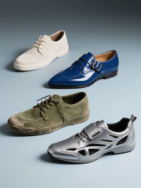 1. 第一双：浅米白色磨砂牛皮休闲鞋，简约系带设计，自然纹理凸显随性，在浅灰色背景以30度角展示，柔和光线勾勒轮廓。
2. 第二双：宝蓝色漆皮尖头鞋，精致金属搭扣点缀，光滑表面反光，于淡蓝色背景呈60度角，强光突出光泽。
3. 第三双：军绿色帆布工装鞋，做旧磨损效果，鞋带随意系法，在卡其色背景以20度角展示，侧光呈现纹理。
4. 第四双：银灰色金属质感机能鞋，独特镂空设计，线条硬朗，在深灰色背……预览效果
