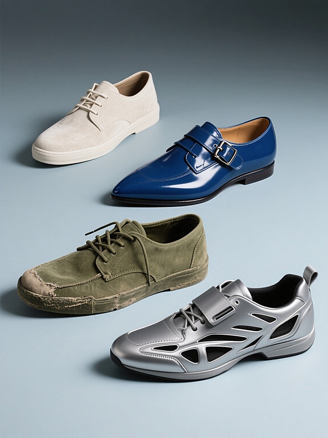 1. 第一双：浅米白色磨砂牛皮休闲鞋，简约系带设计，自然纹理凸显随性，在浅灰色背景以30度角展示，柔和光线勾勒轮廓。
2. 第二双：宝蓝色漆皮尖头鞋，精致金属搭扣点缀，光滑表面反光，于淡蓝色背景呈60度角，强光突出光泽。
3. 第三双：军绿色帆布工装鞋，做旧磨损效果，鞋带随意系法，在卡其色背景以20度角展示，侧光呈现纹理。
4. 第四双：银灰色金属质感机能鞋，独特镂空设计，线条硬朗，在深灰色背景以75度角展示，冷光强化科技感。