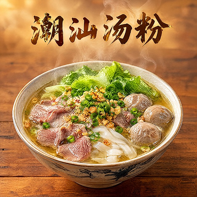 潮汕汤粉店铺头像，一碗热气腾腾的潮汕汤粉特写，汤头浓郁呈金黄色，里面有新鲜的牛肉片、Q弹的牛肉丸、翠绿的生菜、爽滑的粿条，撒上葱花和蒜蓉酥，汤汁冒着热气，写真摄影风格，食物摄影，高画质，有食欲，暖色调灯光，木质桌面背景，画面中央是汤粉，上方有艺术字体"潮汕汤粉"四个字，不要圆形边框，方形构图，干净简洁