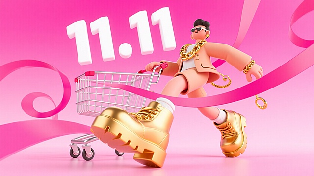 时尚的男人推着一个购物车。购物袋细节：购物车里面是各类商品，购物车上印着”11.11“。人物细节：身上挂满金饰。金色丝带在周围环绕贯穿画面，粉色背景