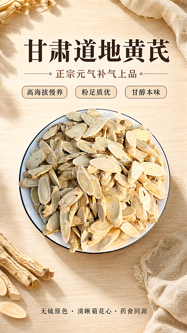 「图片1」，生成一套详情页，商品名称为甘肃黄芪片，适配淘宝/天猫平台，单图比例为9:16，需求屏数为8张。甘肃道地黄芪详情页文案｜陇原深山好芪，千年补气上品
【首屏海报文案】
甘肃道地黄芪｜正宗元气补气上品
高海拔慢养｜粉足质优｜甘醇本味
无硫原色 · 清晰菊花心 · 药食同源
温和补气固本，适配久坐乏力、体虚易倦日常养生

【开篇引入·直击痛点】
当代人忙碌奔波，长期熬夜、久坐少动、劳累体虚，常常出现浑身乏力、精神不济、气短懒言、面色暗沉、换季易体虚等问题。养生不必大费周章，一杯地道黄芪水，一碗温润黄芪汤，就能悄悄调理身体状态。
自古黄芪出陇原，甘肃作为全国核心黄芪产区，坐拥得天独厚的高原生长环境，产出的黄芪是国家地理标志保护产品，也是公认的道地滋补上品，药效与口感远超普通产区，是千家万户日常养生的优选好物。

【核心优势·为什么选甘肃黄芪？】
01 正宗道地产区，天生好底蕴
本品源自甘肃陇西、岷县核心产区，这里是名副其实的“中国黄芪之乡”，地处青藏高原东缘，海拔1500-2500米，光照充足、昼夜温差可达15℃以上，土壤富含硒、钾等天然矿物质。独特的高原气候，让黄芪生长周期更长、养分沉淀更充足，有效成分持续积累，成就了甘肃黄芪无可替代的道地品质，也是“陇药五朵金花”之一的王牌好物。
02 品相出众，一眼辨好芪
拒绝碎渣、硫熏、掺假，正宗甘肃黄芪自带优质品相：
•外形规整：根条粗直紧实、质地坚而柔韧，无空心、无霉变、无碎末
•断面经典：横切面黄白相间，纹理清晰，标志性菊花心纹路明显，纤维细腻不粗糙
•粉质饱满：粉性十足，质地干爽不潮湿，掂之厚重、压之紧实
•气味纯正：自带浓郁自然豆香，入口甘甜无苦味，无酸涩、无硫磺刺鼻味
03 高浓有效成分，滋补力更足
高原慢生长特性，让甘肃黄芪的黄芪甲苷、黄芪多糖、毛蕊异黄酮葡萄糖苷等核心活性成分含量，远高于普通产区黄芪，优于药典标准。不止是日常食材，更是兼具药用价值的养生佳品，补气固表、调理身心效果更出众。
04 古法无硫工艺，安心养生
坚守传统古法加工，人工采挖、精细去杂、自然晾晒风干，全程无硫磺熏蒸、无染色、无添加、无打蜡。保留黄芪原本的色泽、香气与营养，干度十足、耐存耐泡，泡水、煲汤、入药皆可，老人、大人日常养生放心食用。

【本草价值·千年养生智慧】
黄芪古称“补药之长”，味甘、性微温，归肺、脾两经，是药食同源的经典滋补食材，温和不燥热，适配大多数人体质。
核心养生作用：
•补气固表：改善气虚乏力、精神萎靡、动辄疲惫、气短懒言，提振精气神
•滋养脾肺：调理脾胃虚弱、肺气不足，缓解换季体虚、易倦多汗问题
•固本调身：长期温和调理，改善面色暗沉、气血不足，帮身体筑牢元气底子
•利水托毒：辅助舒缓身体虚肿，温和调理身体代谢状态
不同于猛补食材，黄芪温润清补，不燥不腻，适合长期日常调养，是上班族、熬夜党、体虚人群的刚需养生好物。

【多样食用场景·日常轻松养生】
✅ 日常泡水｜懒人便捷养生
取3-5片黄芪，沸水冲泡焖泡10分钟，可反复续泡至无味。入口甘润清甜，自带淡淡豆香，替代奶茶、碳酸饮料，每天一杯，补气提神，告别整日昏沉乏力。
✅ 搭配茶饮｜对症温和调理
黄芪+枸杞：补气养血、提亮气色，改善气血暗沉
黄芪+红枣：健脾益气、温润补身，适合体虚畏寒人群
黄芪+党参：加倍补气，缓解久坐疲惫、气短乏力
✅ 煲汤炖膳｜全家滋养食补
炖鸡汤、排骨汤、鸽子汤时加入适量黄芪，文火慢炖，食材清香融合药香，解腻增鲜。日常全家食补，温润固本，老少皆宜，让养生融入一日三餐。

【严选品质·安心保障】
•道地溯源：甘肃核心产区直采，源头把控品质，地理标志认证好物
•人工精挑：层层筛选，剔除碎片、黑片、空心片，只留优质好货
•无硫无添加：自然原色原味，杜绝硫磺熏制、人工染色，健康无负担
•干度十足耐储存：自然风干锁鲜，密封存放不易受潮、不易发霉

【结尾暖心寄语】
真正的养生，从不是一时的进补，而是日复一日的温和调养。
一捧甘肃道地黄芪，承载陇原深山的自然滋养，无繁杂添加、无过度加工，用最纯粹的本草本味，帮你补足日常元气、稳住身体状态。
告别疲惫体虚，从一杯温润黄芪水开始，慢养身心，元气常驻✨

【温馨提示】
1. 本品为药食同源食材，非药品，不替代药物治疗；
2. 感冒发热、上火炎症期间建议暂停食用；
3. 孕期、哺乳期及特殊体质人群，建议咨询专业人士后食用。「图片1」