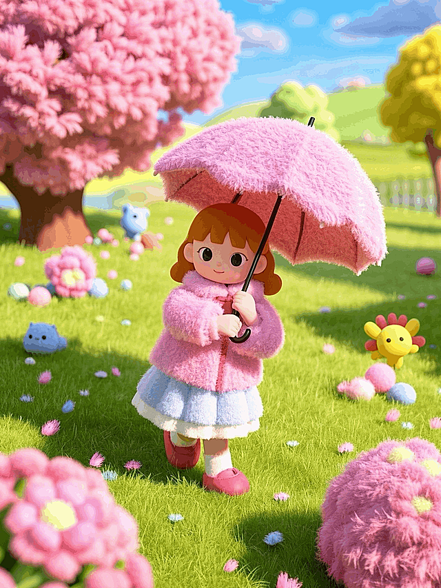 一个可爱的小女孩，模仿莫奈《撑伞的女人》的动作和服饰，春日，户外，白天