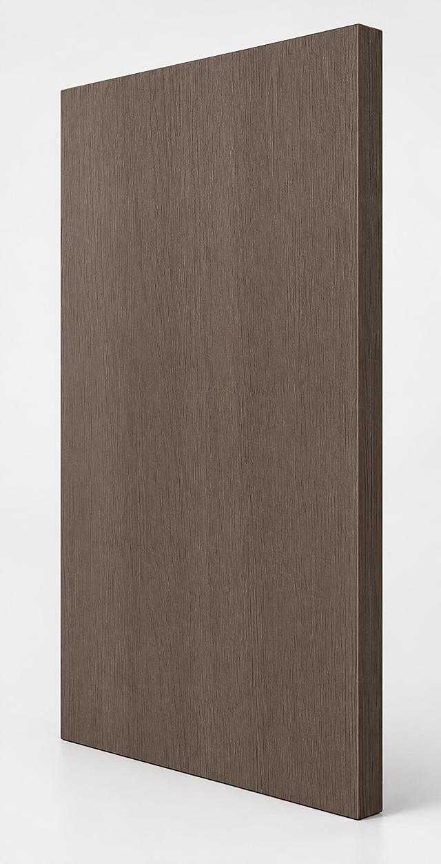 将这张深棕色木纹板材生成立体效果，整体向右旋转30度视角，呈现三维立体感，保留木纹纹理细节，边缘有厚度感，真实材质渲染，柔和光照，干净背景