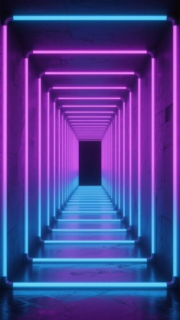 炫酷未来感霓虹隧道，两侧墙面排列着垂直的发光灯管，从底部的明亮蓝紫色渐变至顶部的深邃粉紫色，灯光在地面投射出对称的光影效果，整体呈现出强烈的纵深感和空间延伸感，黑暗背景增强了霓虹灯光的视觉冲击力，营造出神秘而充满科技感的氛围，灯管排列方式变换为交错的几何阵列样式，保持蓝紫粉渐变色调与光影对比的炫酷风格。预览效果