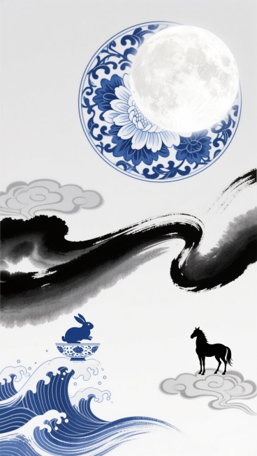 中国风青花瓷与水墨融合风格中秋海报，以灰白为底色，中心偏右上位置有巨大的蓝白青花菊花纹样圆形图案环绕着一轮皎洁满月，其下方延伸出浓淡不一的黑色、灰色水墨祥云与波浪交织的流动形态，左下方有蓝白青花海浪纹样托举着一只青花玉兔剪影，右下角有一人一马的黑色剪影立于水墨祥云之上仰望圆月，整体呈现出宁静悠远、富有东方韵味的中秋氛围，具有清晰的视觉层级和简洁的版式设计，色彩以青花蓝、墨黑、灰白为主，笔触兼具……预览效果
