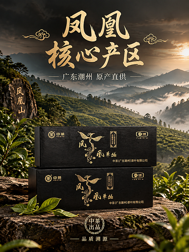 [主图-2] 抖音茶叶主图产地溯源篇3:4竖版，中茶凤凰单丛，主打潮州凤凰山核心产区。更换背景为凤凰山茶园意境，加上营销文案。
[统一基调] 新中式东方美学风格，暗调高级质感，深棕墨黑渐变背景融入山水意境，烫金米金色标题字，米白色辅助文字，主标题粗笔书法体，辅助文细宋体，祥云纹金线装饰元素。
[画面] 画面下半部分摆放中茶凤凰单丛黑色烫金礼盒单盒，礼盒外观与原图完全一致。上半部分背景为潮州凤凰山云雾缭绕的茶山意境，层叠的茶园山峦在晨雾中若隐若现，远山如黛，意境悠远。礼盒置于古朴岩石或老树根台面上，旁边散落几枝新鲜茶青。竖构图充分展示上下空间的山景层次。产品占画面约40%，视角为平视微侧角度。
[光影质感] 自然晨光质感，山间薄雾弥漫的柔和光线，从山间洒下，礼盒表面有自然的环境反光，黑金质感高级，山景有空气透视层次感，近实远虚，营造沉浸式产地氛围。
[配色] 深墨绿与深棕渐变背景，烫金色标题，米白辅助文字，整体低饱和度东方意境配色。
[文字版式] 画面上部主标题大字"凤凰核心产区"，烫金色粗书法体，分两行竖排或横排。下方小字"广东潮州 原产直供"米白色细宋体。底部有"中茶出品 品质溯源"印章式金色圆章文字。文字放在上部负空间，不遮挡产品。
[输出要求] 3:4竖版750*1000，文字清晰可读，产品清晰不变形，无错字，无水印，无平台logo，画面有产地沉浸感。禁止变形、模糊、杂乱、穿模、悬浮。