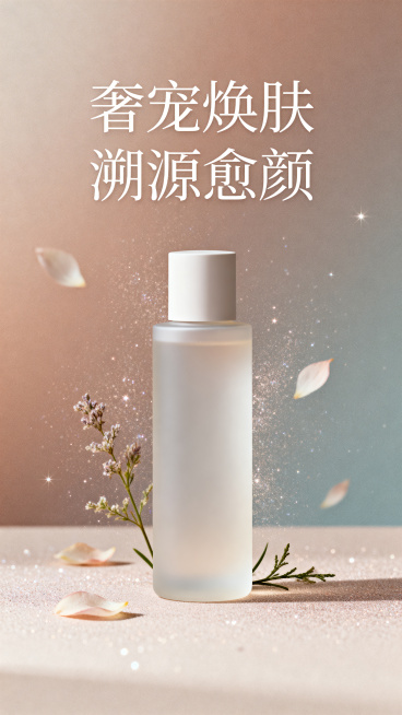 高级排版精华水广告图，极简轻奢风格，主体为磨砂质感瓶身精华水，搭配柔和的渐变莫兰迪背景，点缀细闪和舒缓的植物花瓣元素，采用留白式高级排版，字体简约有设计感，宣传文案"奢宠焕肤 溯源愈颜"，整体画面质感预览效果