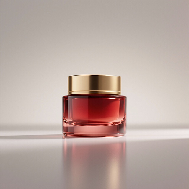 帮我生成一个高档红色玻璃材质面霜瓶，金色瓶盖，平视正视视角展示在空白背景