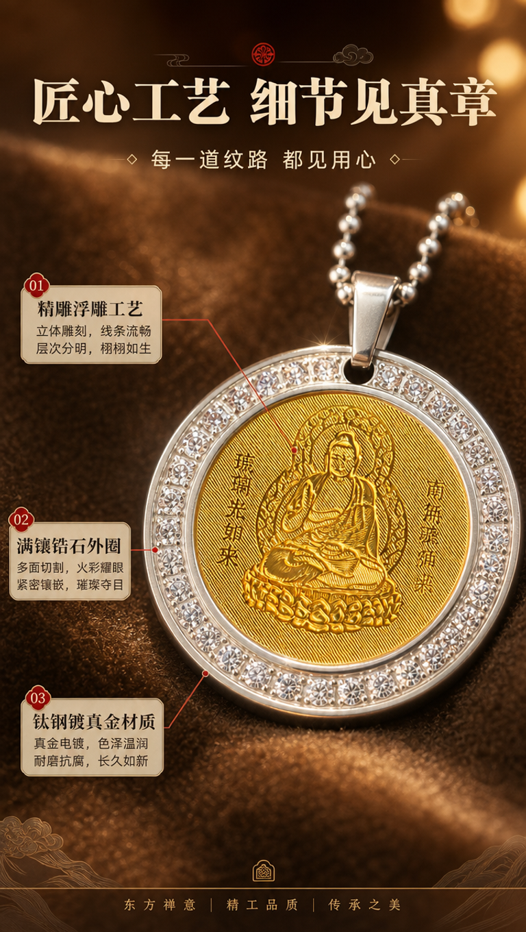 [商品] 使用【图5】药师佛心咒钛钢吊坠项链正面款；保留圆形吊… - 图片创意预览