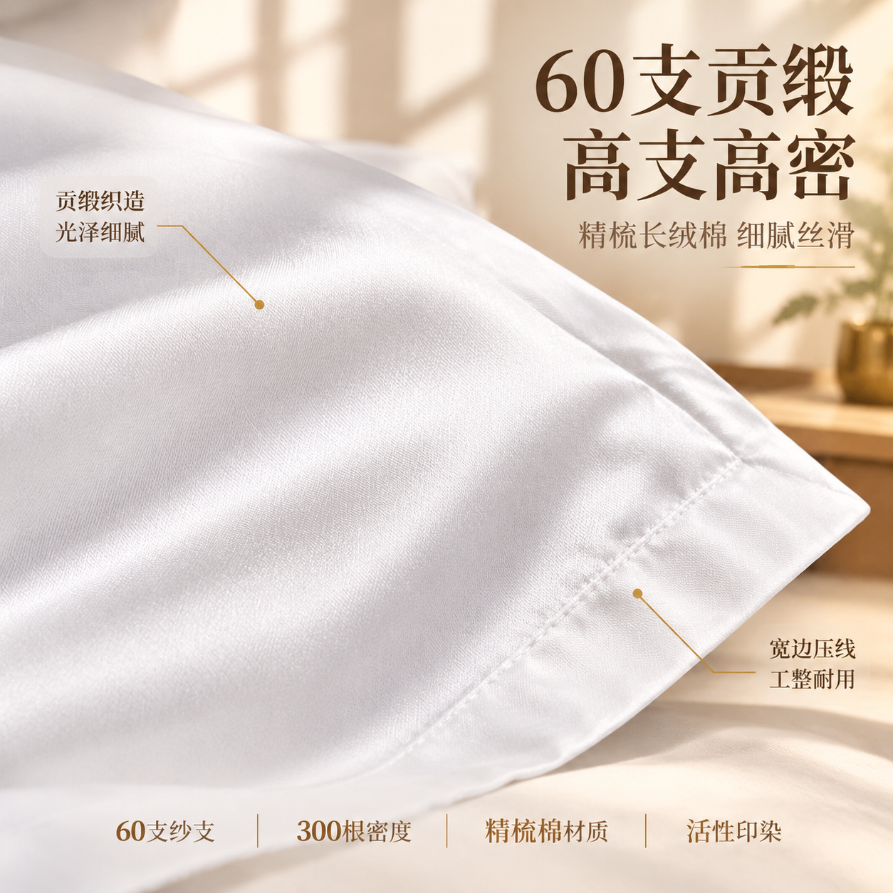 [主图-3] 酒店款纯白贡缎枕套 面料材质与工艺细节 品质展示… - 图片创意预览