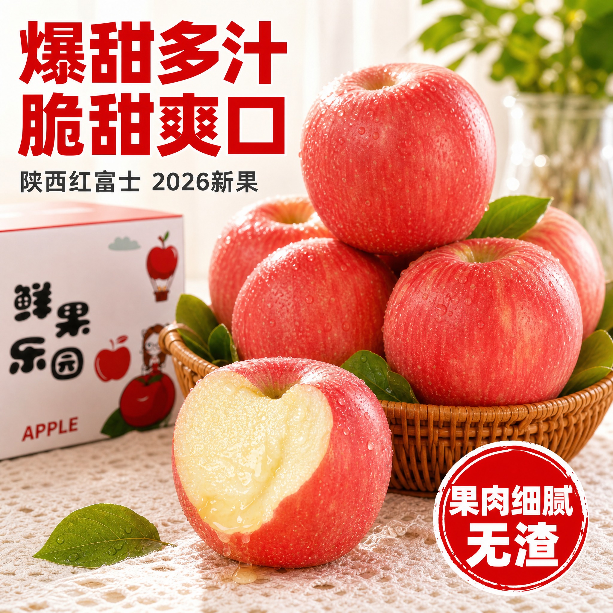 [主图-5] 陕西红富士苹果食欲爆汁场景图，拼多多风格，突出新… - 图片创意预览