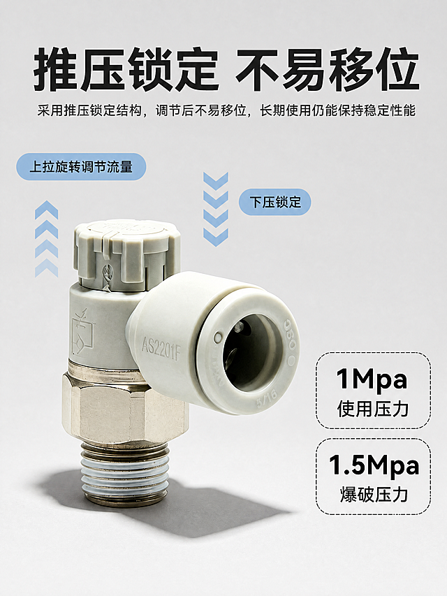 [第5屏] 工作原理展示-推压锁定结构，原图已无金大昌机电字样，保持干净版式。
[氛围/风格] 浅灰色工业风，原理清晰易懂。
[元素布局] 气动节流阀接头放置画面偏左侧，保持产品外观结构颜色与原图一致，右侧放压力参数框，左侧和中上部放原理说明文字，浅灰色背景干净，布局疏朗。
[光影质感] 均匀布光，产品清晰，文字清楚。
[配色色系] 浅灰背景，白色产品，金属银色，黑色标题文字，浅蓝色原理标签。
[视角构图] 产品主体居中偏左，原理说明在右侧和上部，信息分区明确。
[文字版式] 顶部大标题黑色写"推压锁定 不易移位"，副标题写"采用推压锁定结构，调节后不易移位，长期使用仍能保持稳定性能"，左侧浅蓝色标签写"上拉旋转调节流量"，右侧浅蓝色标签写"下压锁定"，右侧两个参数框写"1Mpa 使用压力" "1.5Mpa 爆破压力"，文字排版清晰。
[比例分辨率] 3:4 比例，4K分辨率。
[负向提示词] 产品变形，文字错乱，金大昌机电